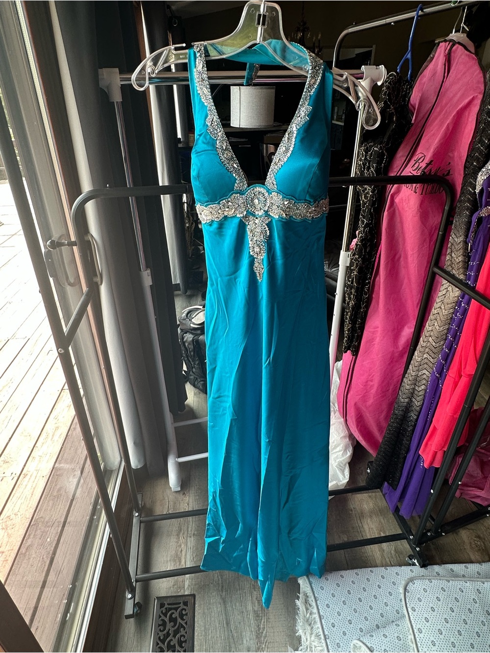 Teal Beaded Halter Prom Dress